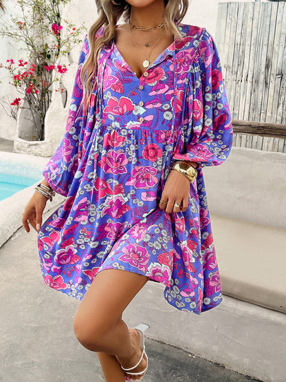Neues lockeres, lässiges Ganzkörper-Printkleid mit V-Ausschnitt 