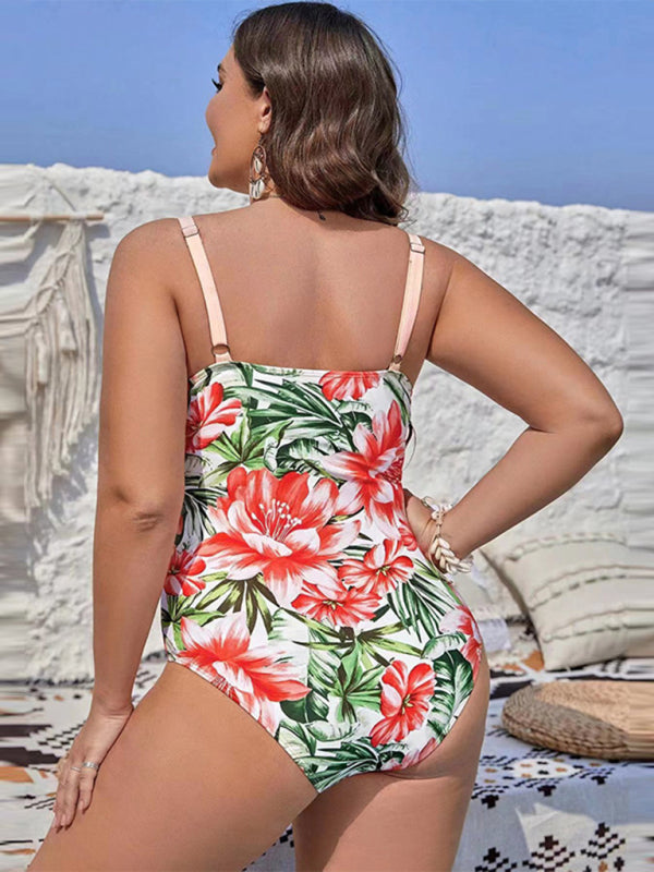 Large size sexy printed hip-covering strappy one-piece swimsuit