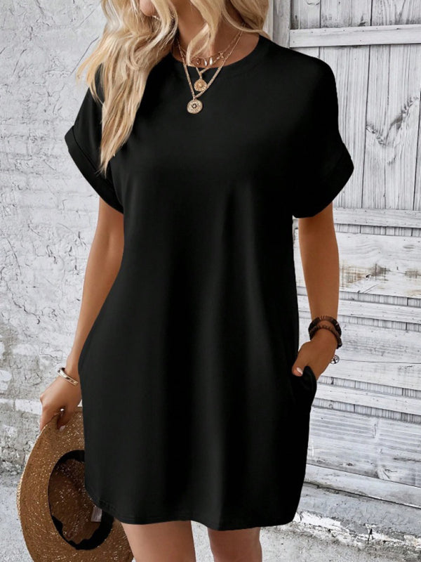 New spring and summer solid color round neck loose short sleeve pocket dress