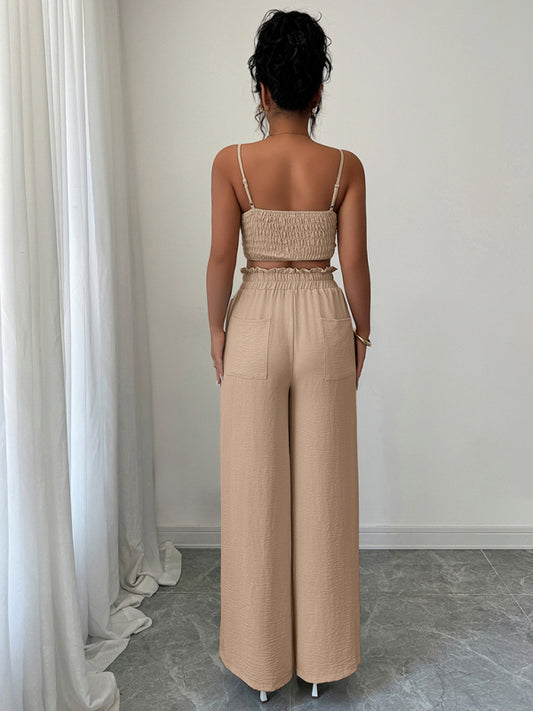 Light beige suspender vest wide-leg pants two-piece suit