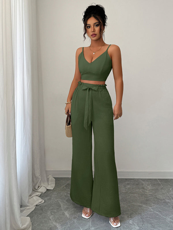 Army Green Suspender Vest Wide Leg Pants Two-Piece Set
