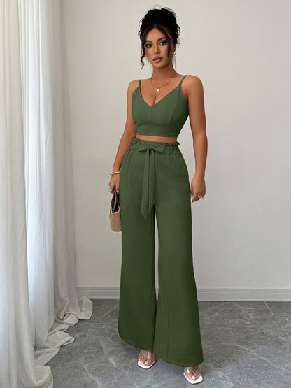 Army Green Suspender Vest Wide Leg Pants Two-Piece Set