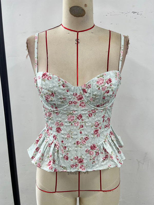 Women’s Floral Ruffled Backless Lace-Up Light & Sexy Summer Blouse