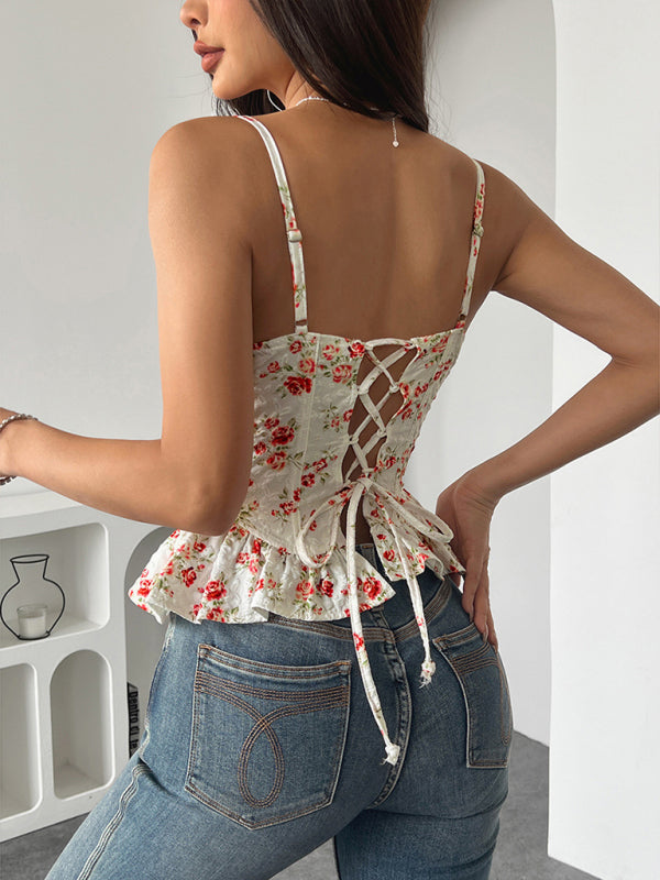 Women’s Floral Ruffled Backless Lace-Up Light & Sexy Summer Blouse