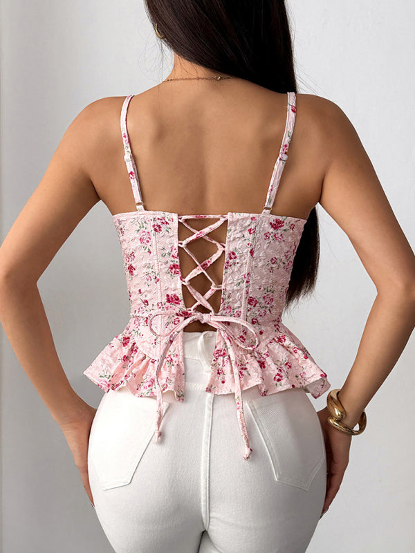 Women’s Pink Floral Ruffled Backless Lace-Up Light & Sexy Summer Blouse