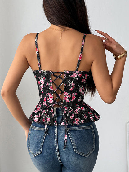 Women’s Black Floral Ruffled Backless Lace-Up Top Light & Sexy Summer Style