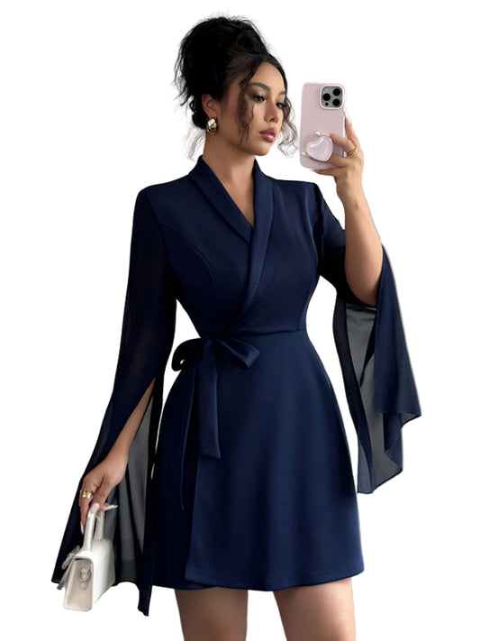 Elegant Long-Sleeved Tie Dress – Chic Waist-Tie Wrap Style