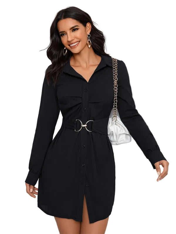 New Commuter Style Shirt Dress, Single-Breasted Long-Sleeve Collared Dress