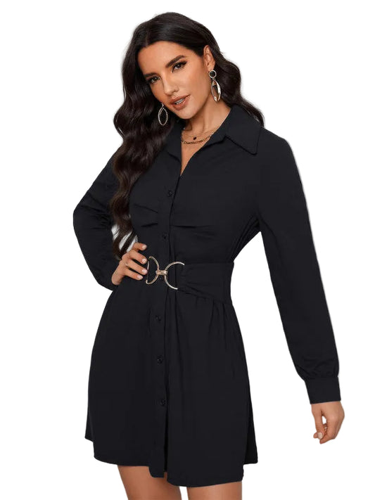 New Commuter Style Shirt Dress, Single-Breasted Long-Sleeve Collared Dress