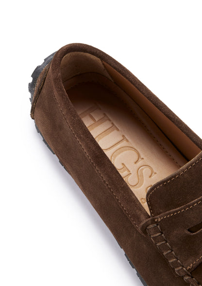 Men’s Tyre Sole Penny Driving Loafers – Premium Brown Suede Slip-On Shoes