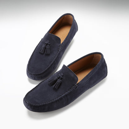 Men’s Tasselled Driving Loafers – Premium Navy Blue Suede Slip-On Shoes