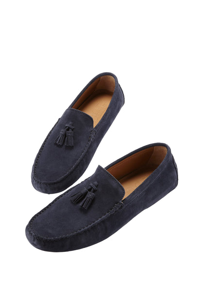 Men’s Tasselled Driving Loafers – Premium Navy Blue Suede Slip-On Shoes