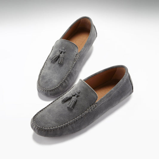 Men’s Tasselled Driving Loafers – Slate Grey Suede Slip-On Shoes