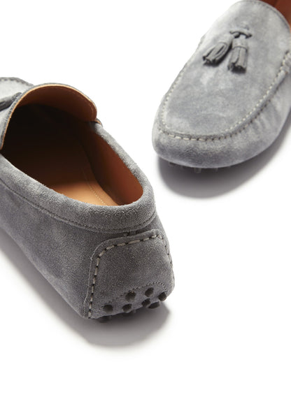 Men’s Tasselled Driving Loafers – Slate Grey Suede Slip-On Shoes