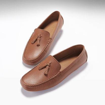 Men’s Tasselled Driving Loafers – Tan Grain Leather Slip-On Shoes