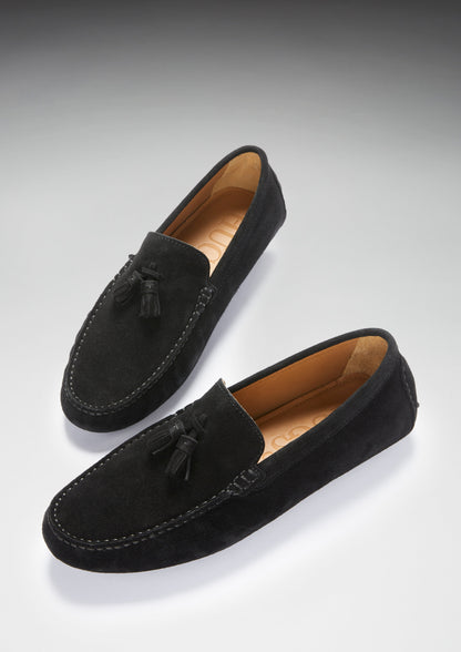 Tasselled Driving Loafers, black suede-1