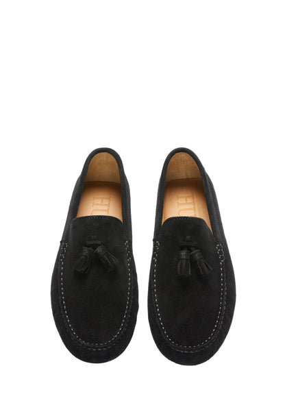 Men’s Tasselled Driving Loafers – Classic Black Suede Slip-On Shoes