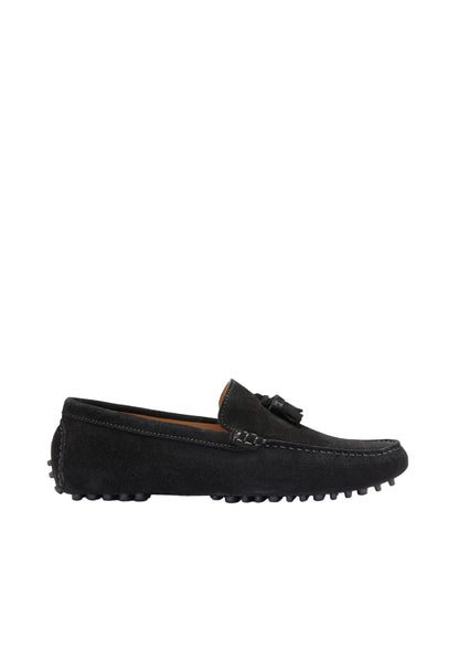 Men’s Tasselled Driving Loafers – Classic Black Suede Slip-On Shoes