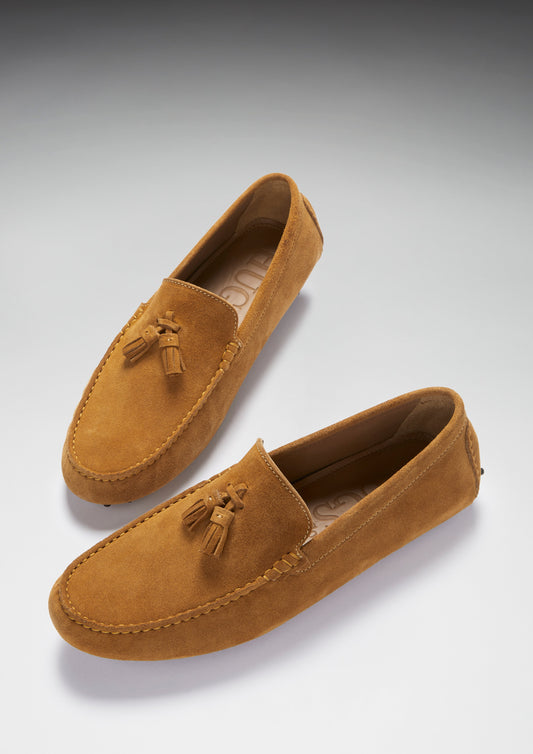 Men’s Tasselled Driving Loafers Premium Tobacco Suede Slip-On Shoes