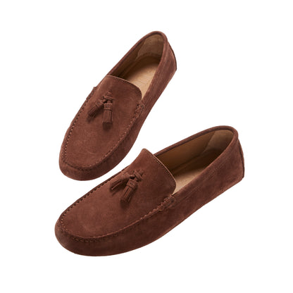 Men’s Tasselled Driving Loafers – Mahogany Brown Suede Slip-On Shoes