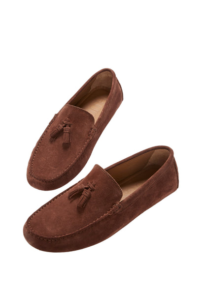 Men’s Tasselled Driving Loafers – Mahogany Brown Suede Slip-On Shoes