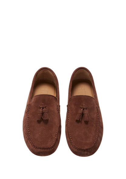 Men’s Tasselled Driving Loafers – Mahogany Brown Suede Slip-On Shoes