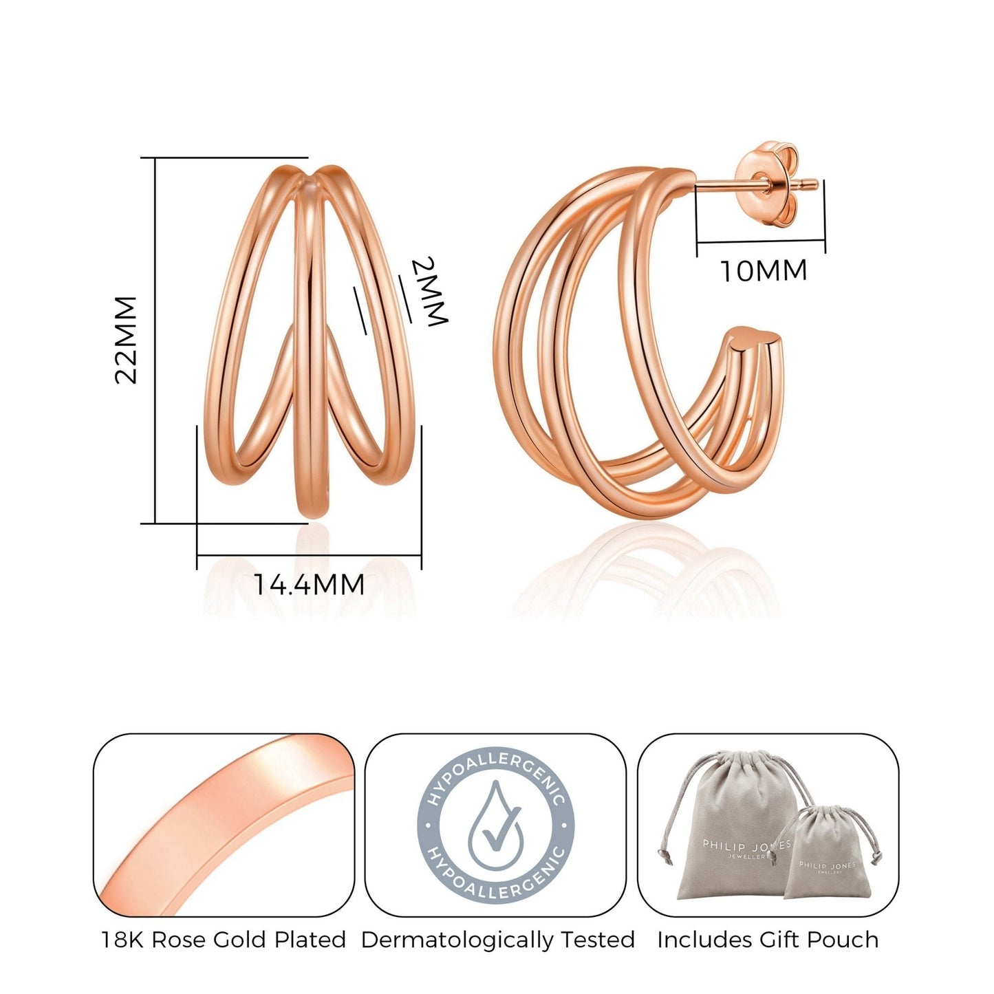Rose Gold Plated Triple Illusion Hoop Earrings