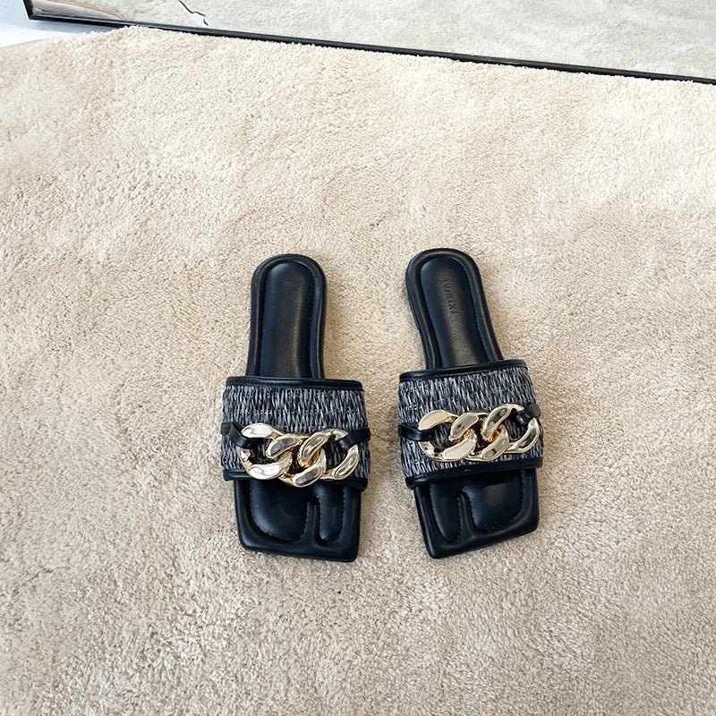 Flat Slippers with Black Metal Link Detail
