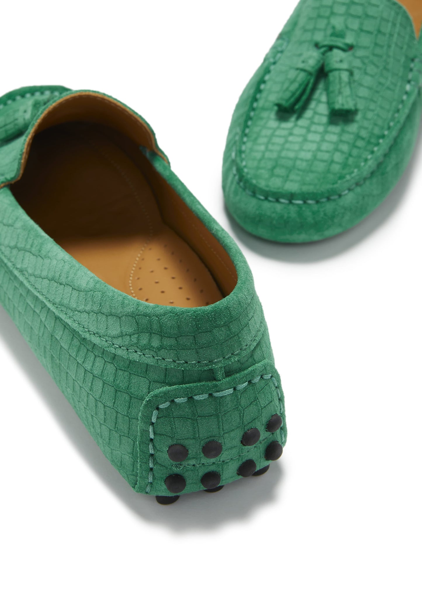 Women’s Tasselled Driving Loafers – Emerald Embossed Suede