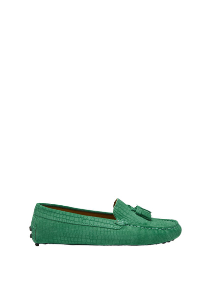 Women’s Tasselled Driving Loafers – Emerald Embossed Suede