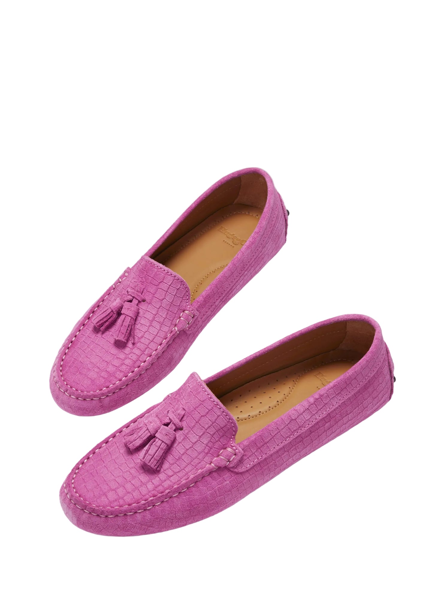 Women's Tasselled Driving Loafers, pink embossed suede