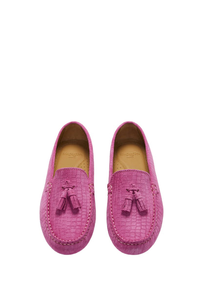 Women's Tasselled Driving Loafers, pink embossed suede