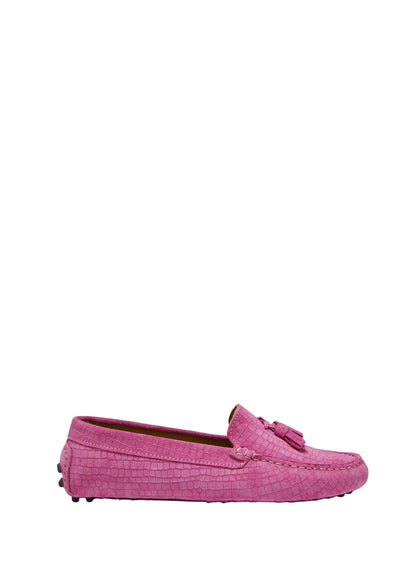 Women's Tasselled Driving Loafers, pink embossed suede
