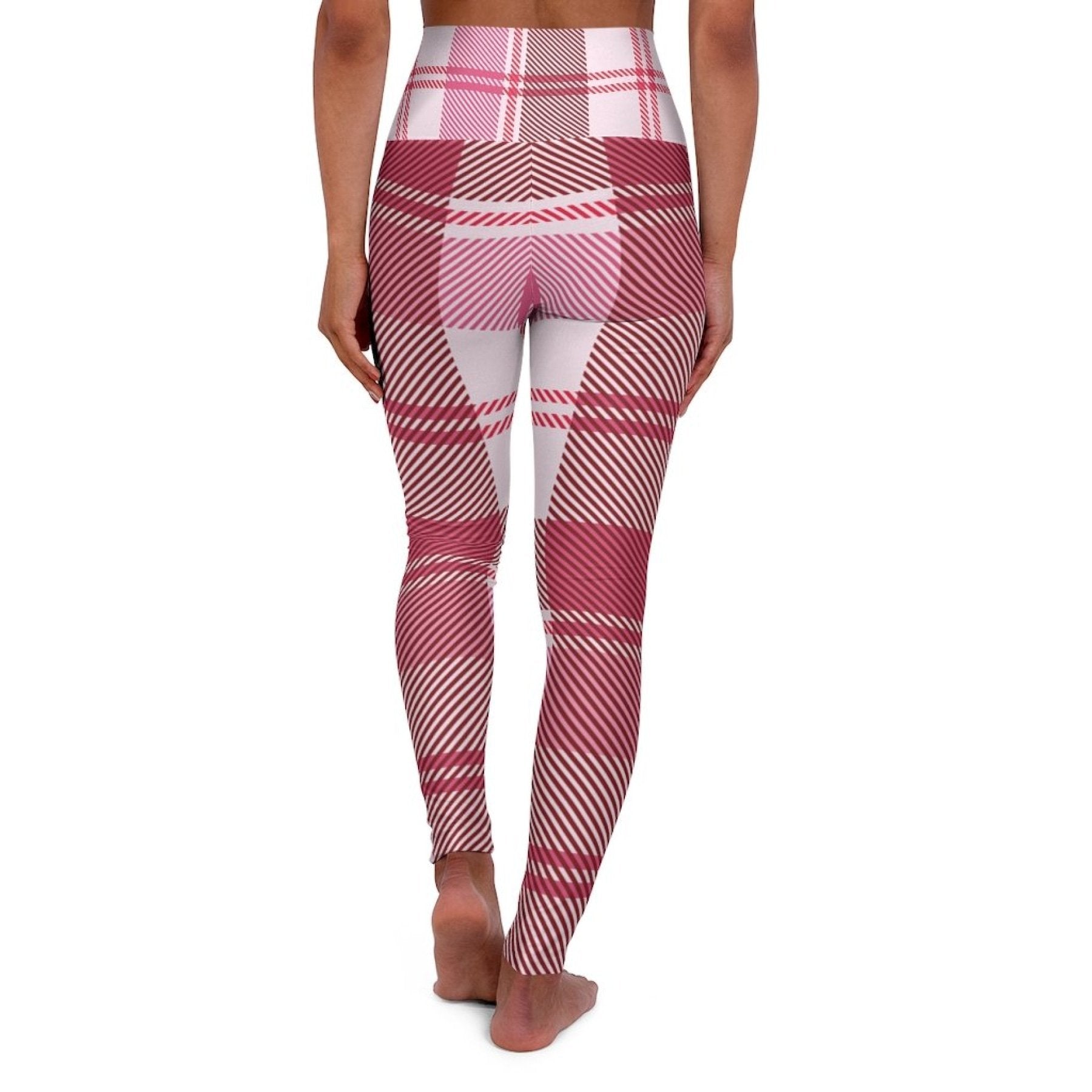 Womens Leggings, Pink And White Plaid Style High Waisted Fitness Pants-9