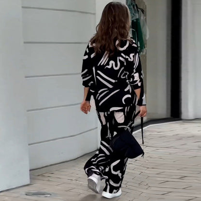 Frauen herbst und winter neue lange ärmeln gedruckt hemd hohe taille hosen mode anzug frauen