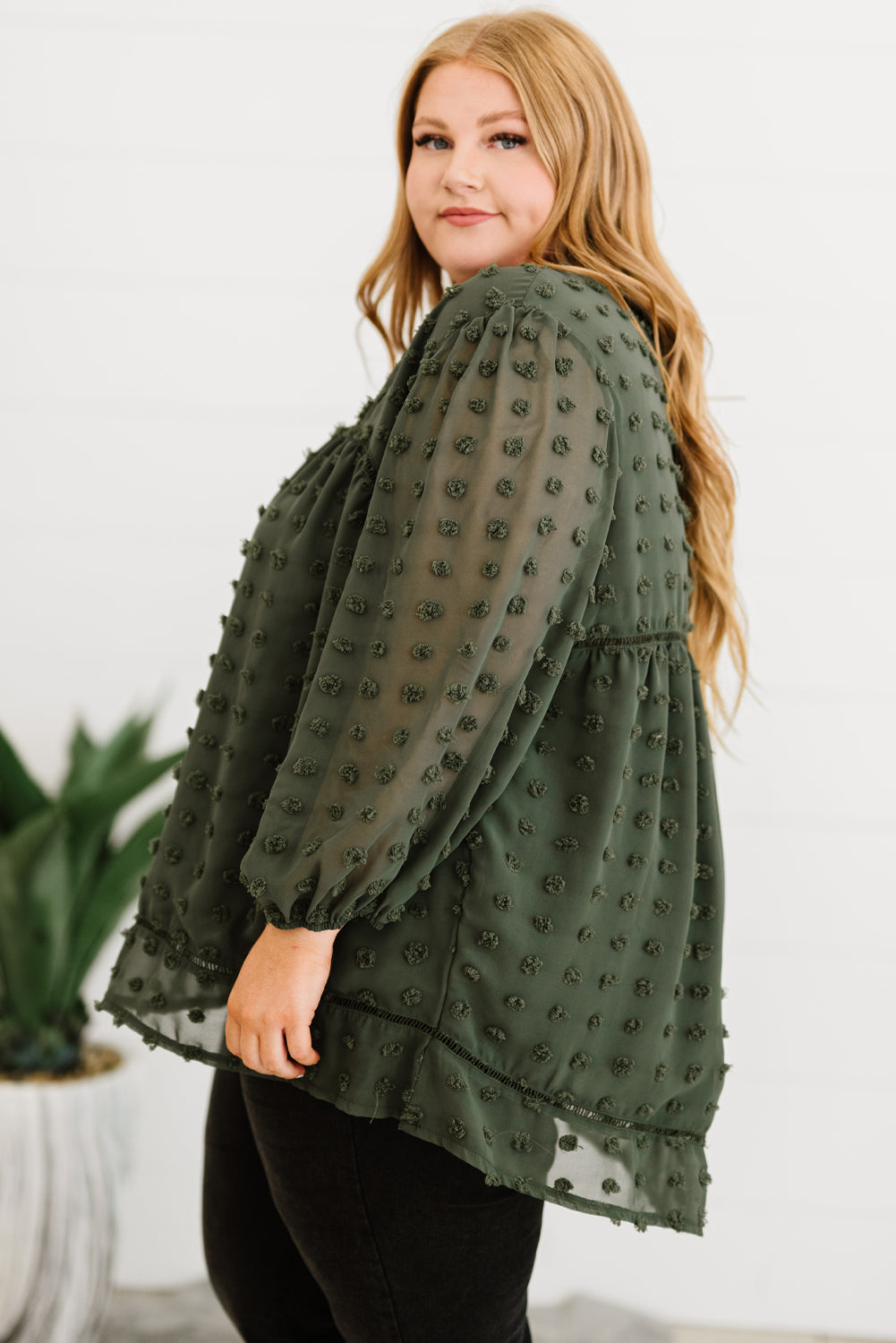 Green Boho V Neck Swiss Dot Bishop Sleeve Plus Size Blouse-2