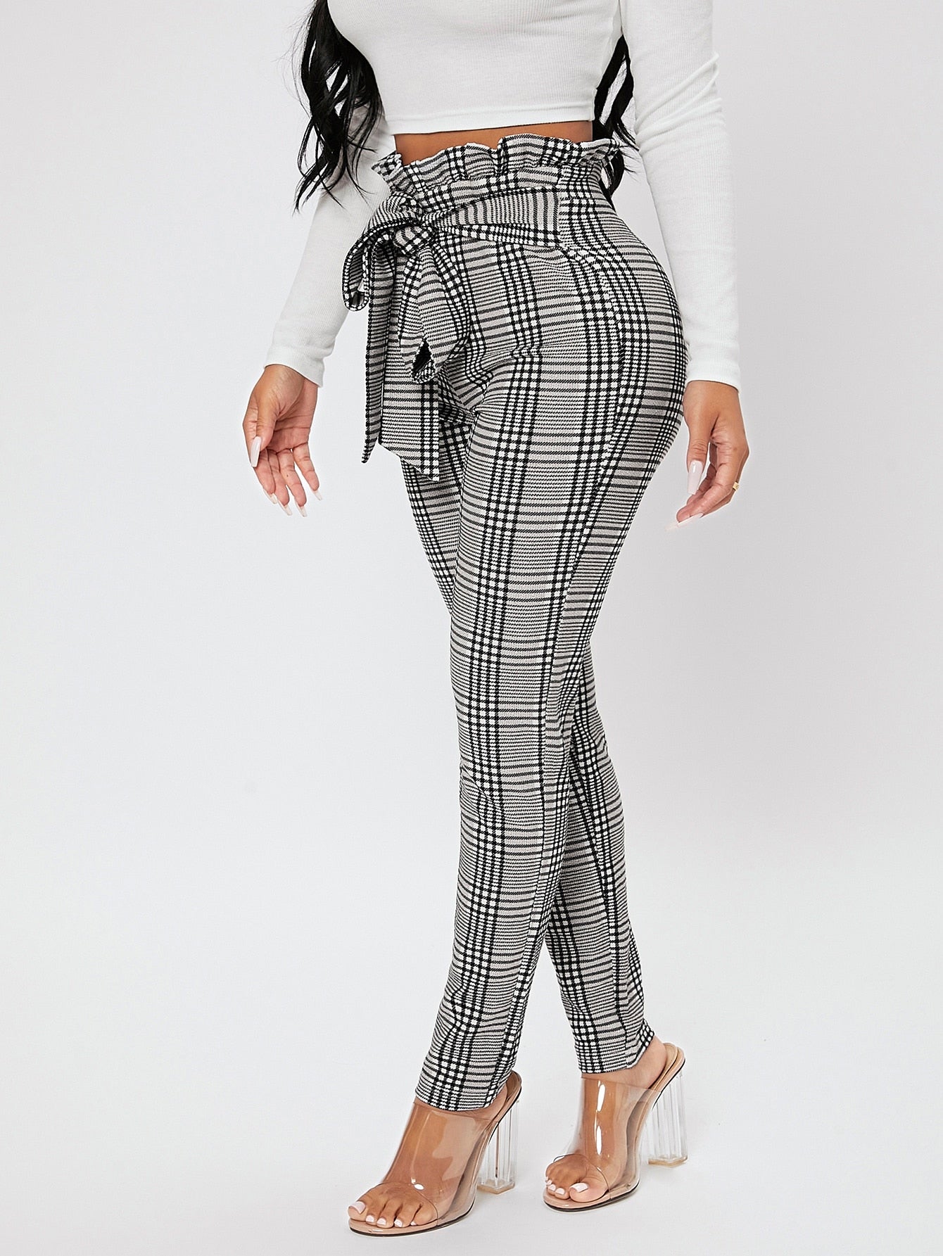 PETITE Plaid Print Paperbag Waist Knot Front Pants