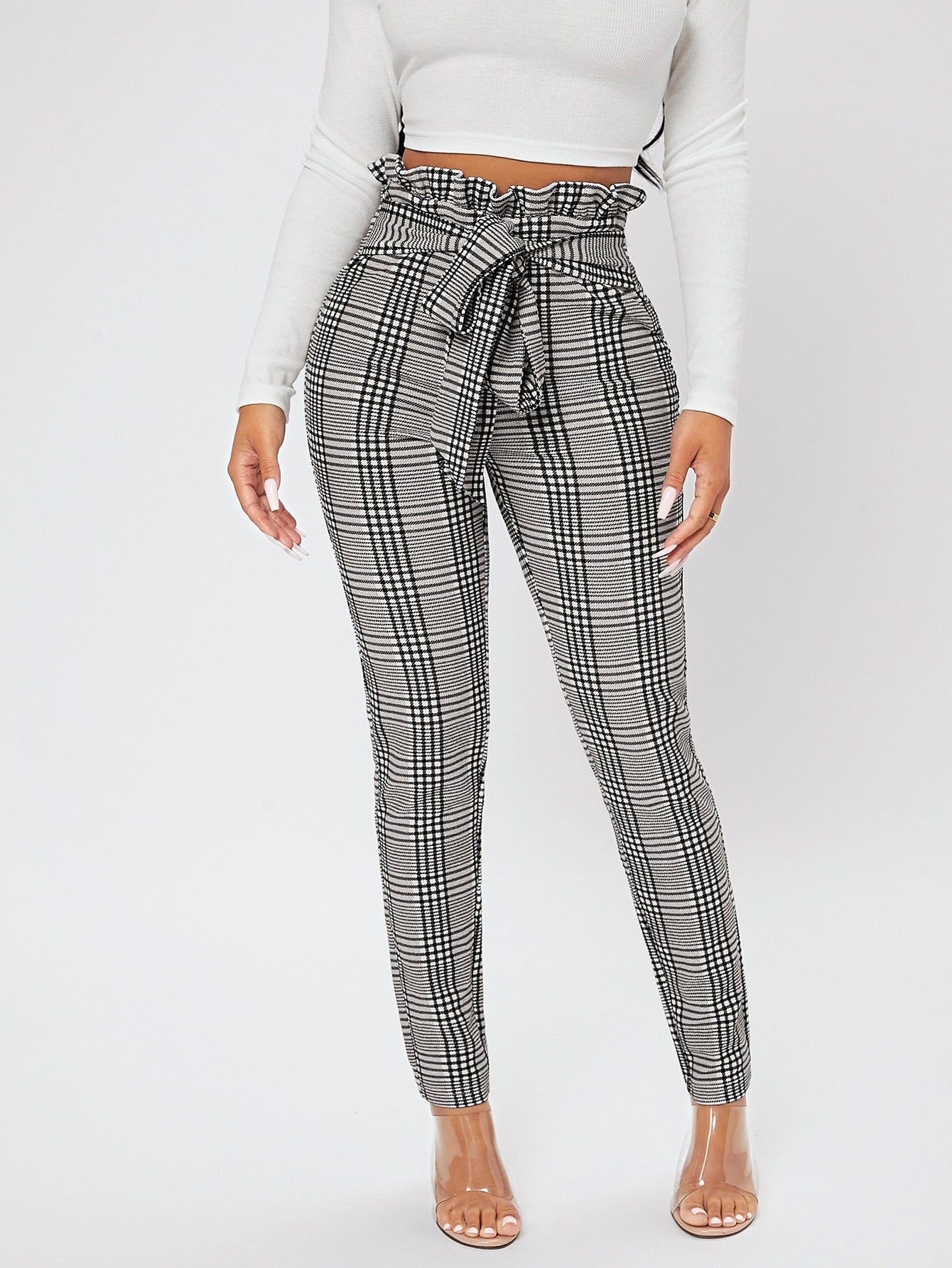 PETITE Plaid Print Paperbag Waist Knot Front Pants