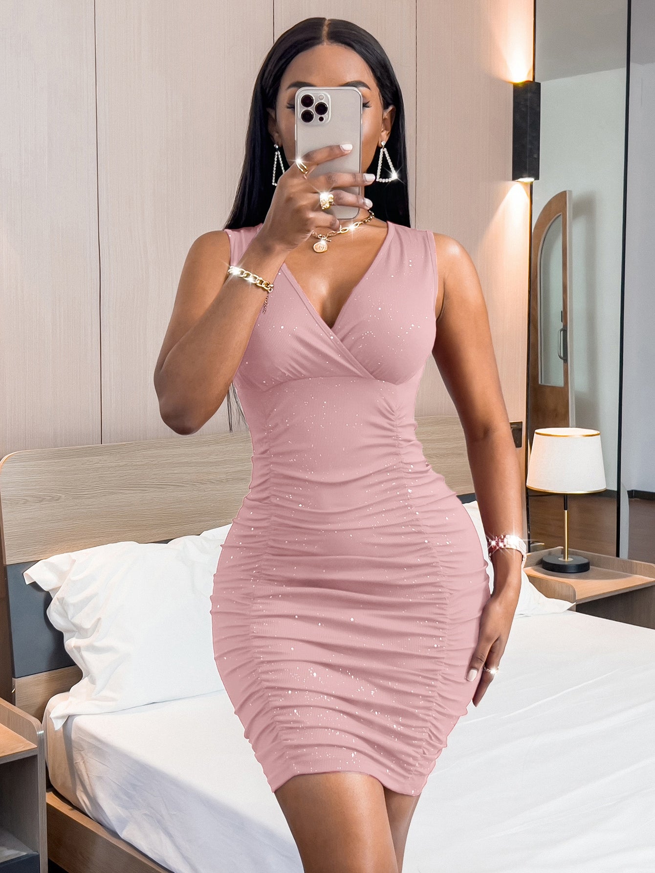 SXY Rhinestone Ruched Bodycon Dress