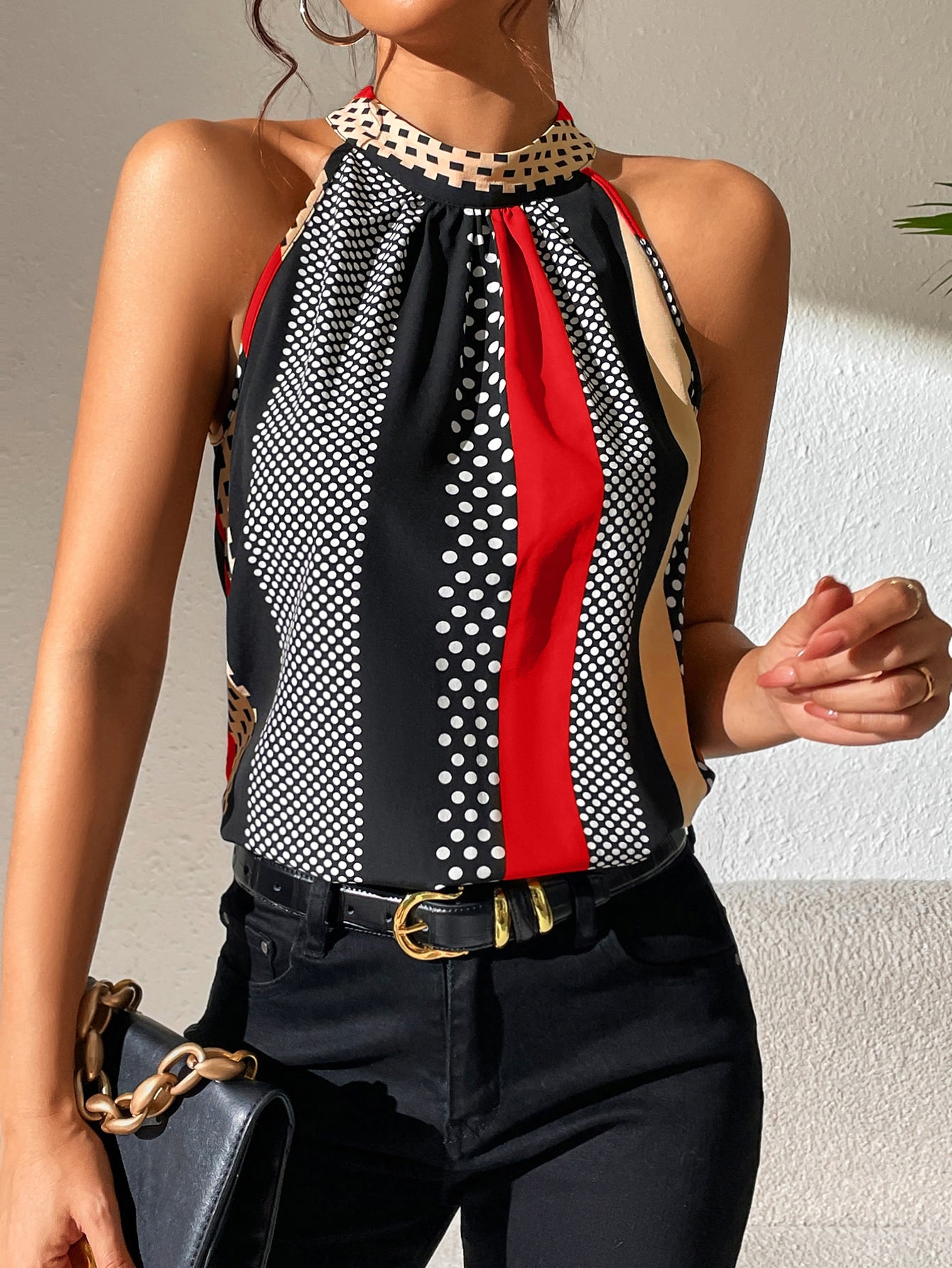 Frenchy Polka Dot Print Key Hole Back Halter Neck Blouse