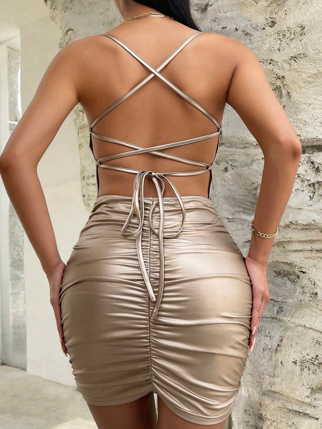 SXY Lace Up Backless Ruched PU Leather Bodycon Dress