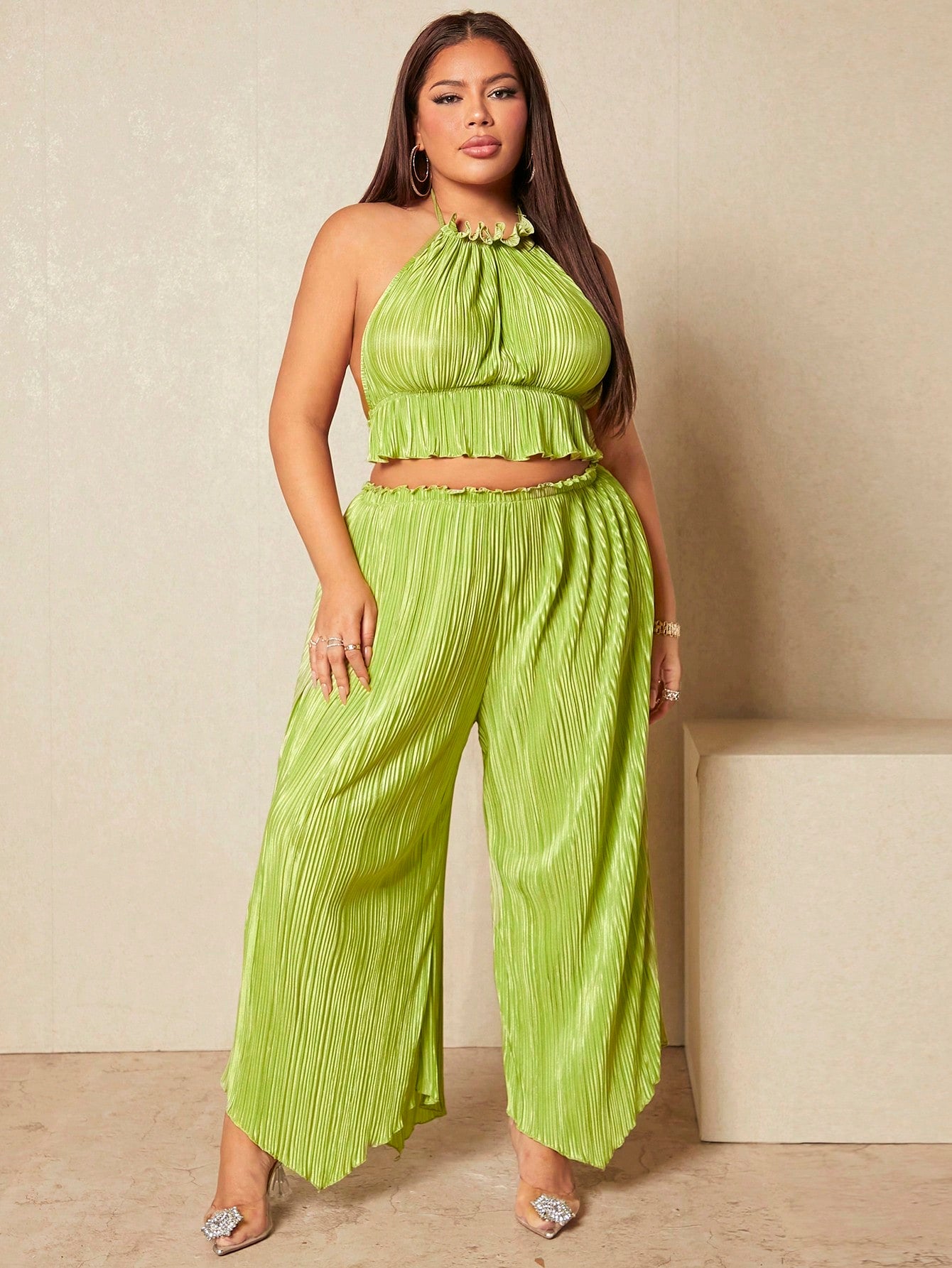 SXY Plus Frill Trim Halter Top Wide Leg Pants