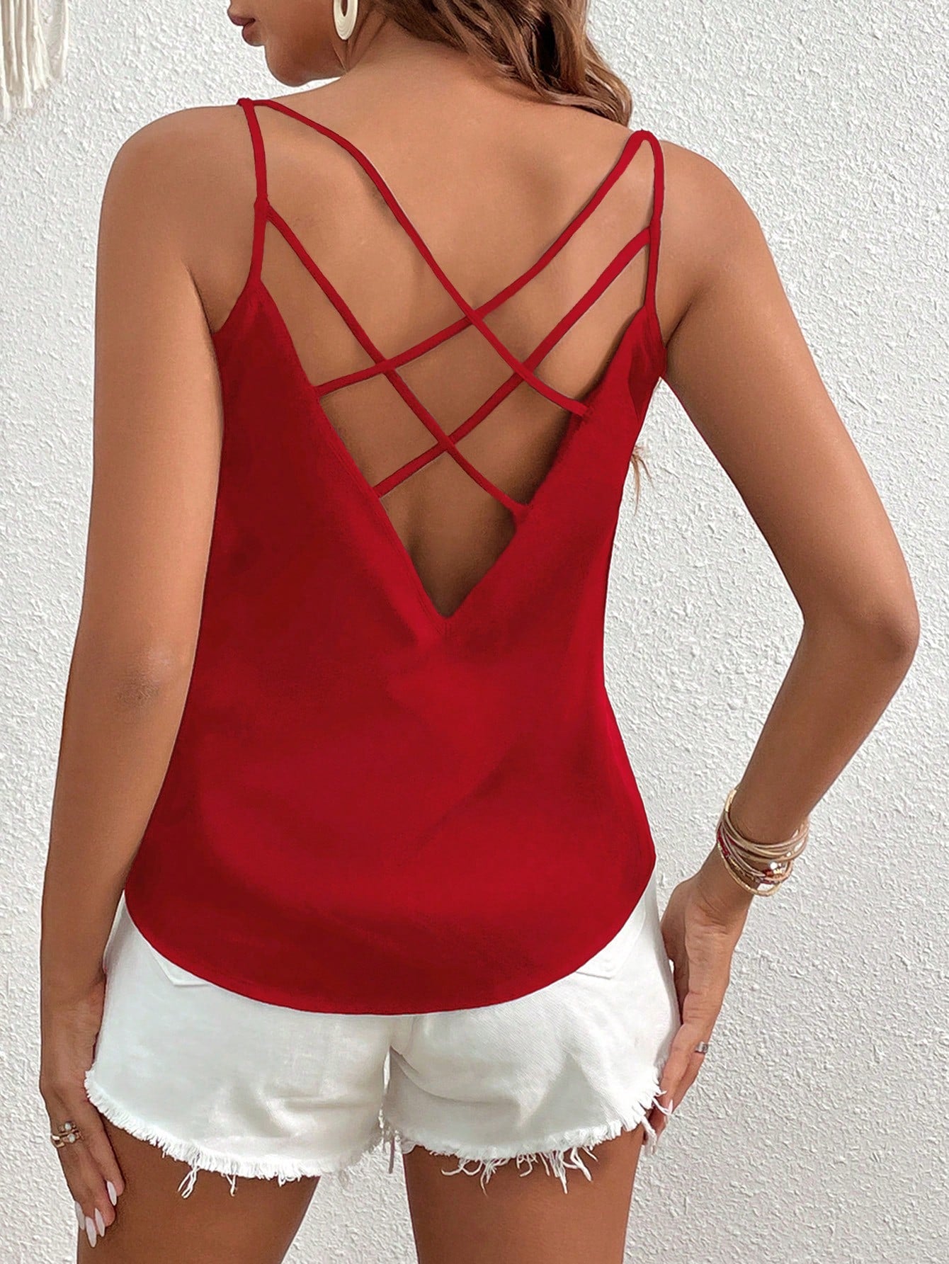 VCAY Solid Criss Cross Back Cami Top