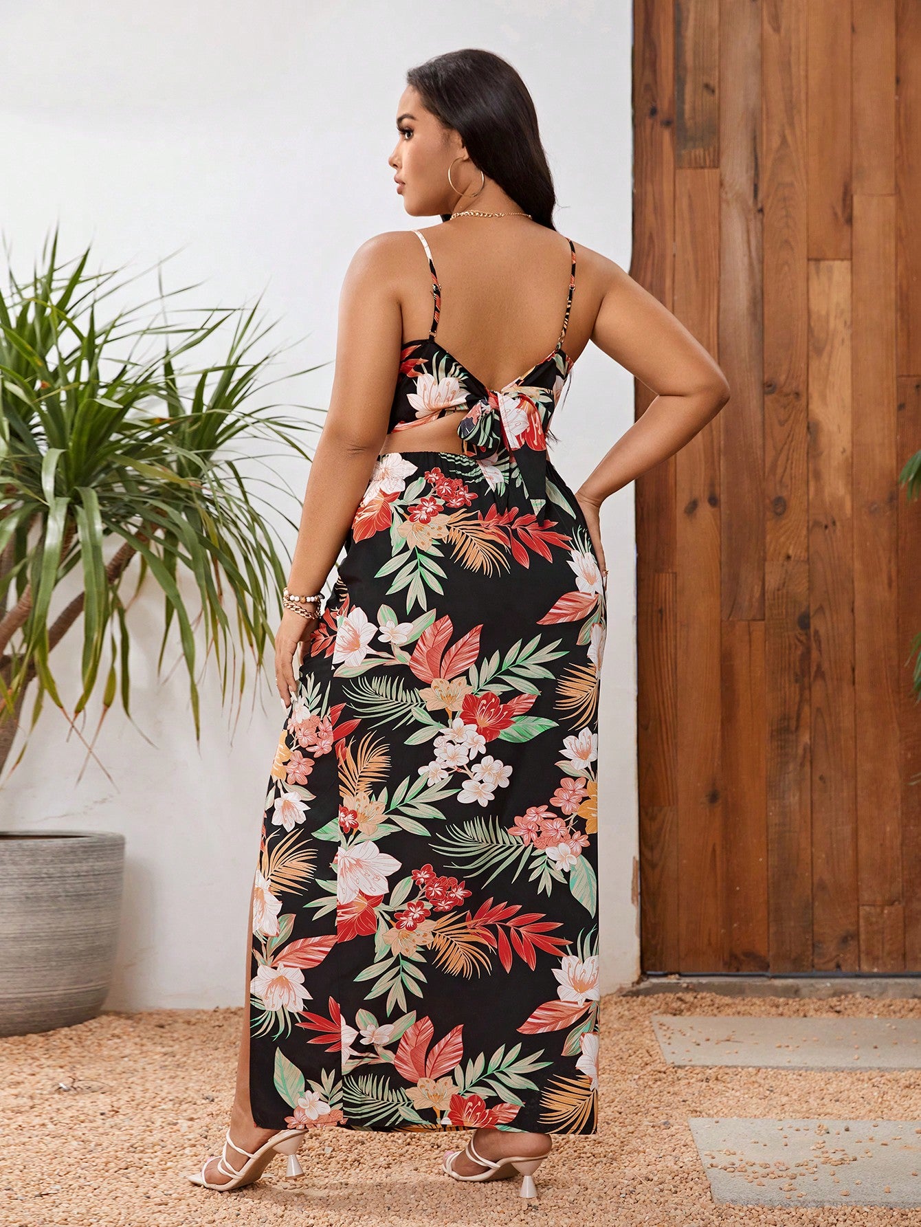 VCAY Plus Tropical Print Cami Top Split Thigh Skirt