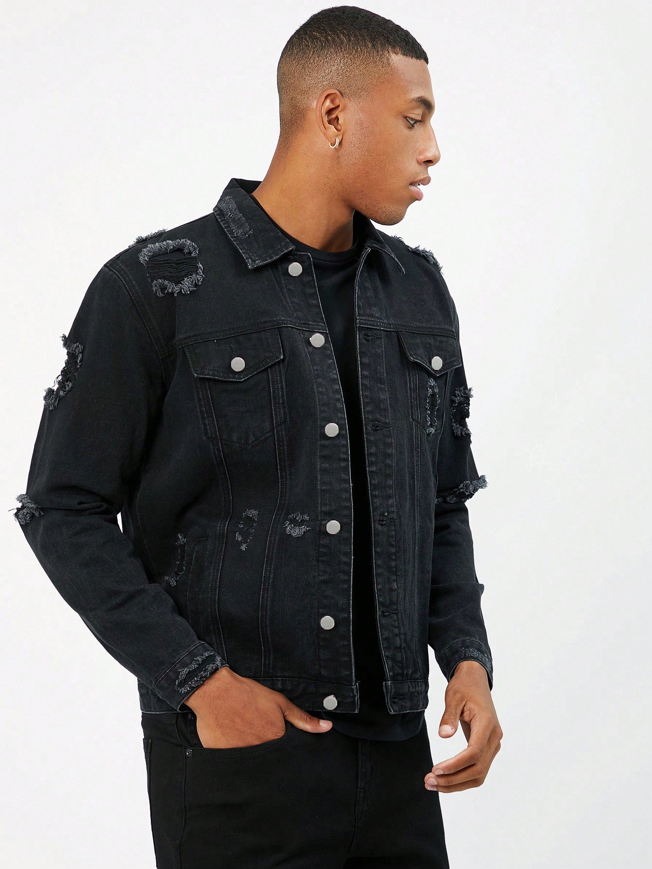 Manfinity EMRG Men Cotton Ripped Flap Detail Denim Jacket