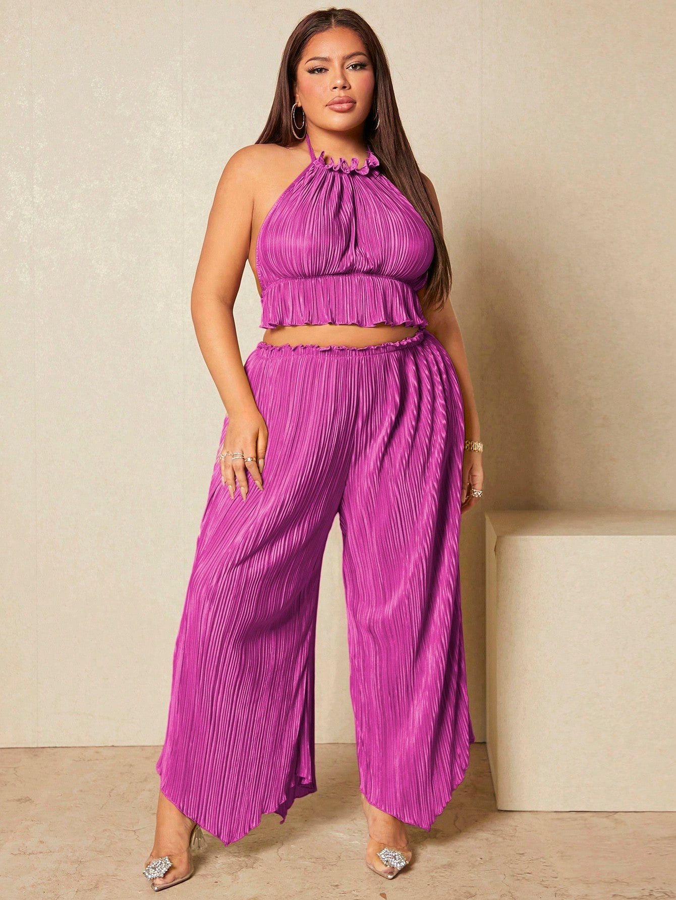 SXY Plus Frill Trim Halter Top Wide Leg Pants