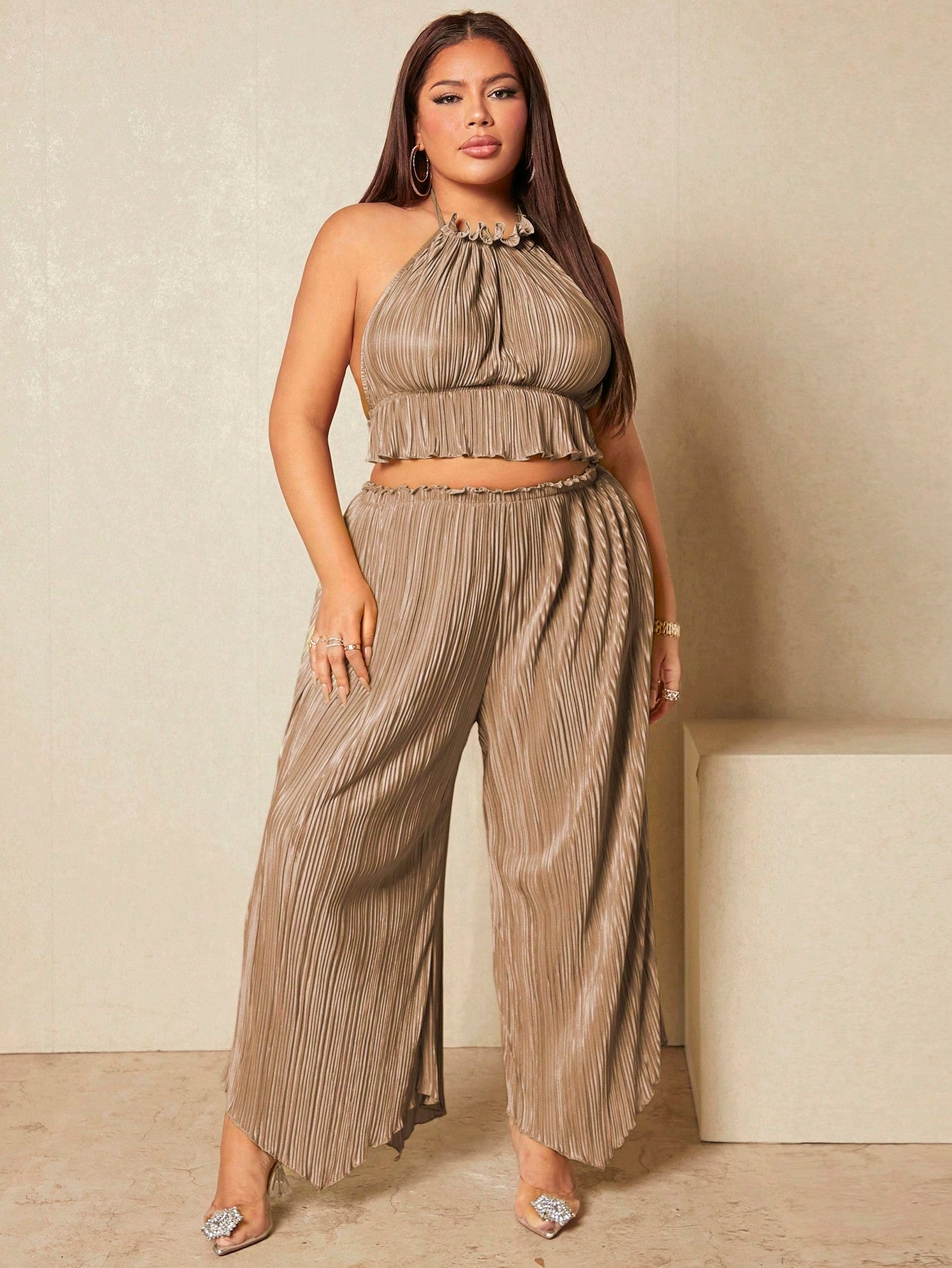 SXY Plus Frill Trim Halter Top Wide Leg Pants