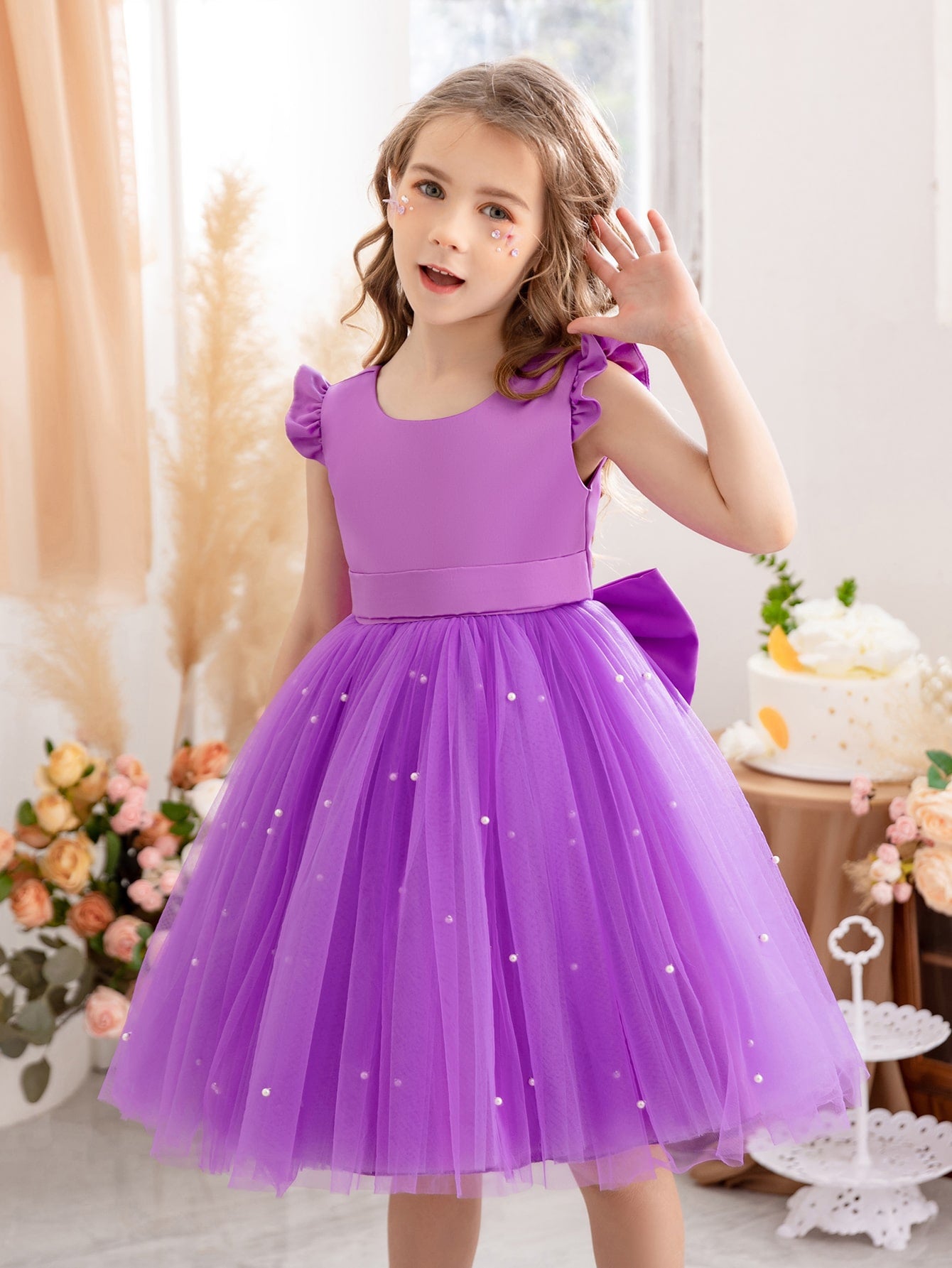 Young Girls' Butterfly Sleeve Mesh Dress With Princess Dress, Suitable For Birthday Party, Dance Party, Casual Wear, Instrumental Concert, Stage Performance