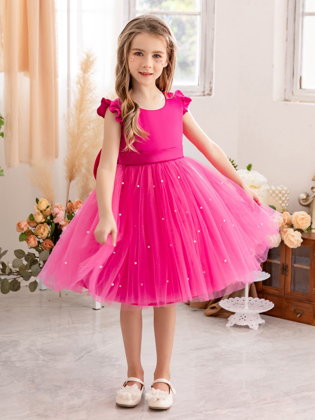 Young Girls' Butterfly Sleeve Mesh Dress With Princess Dress, Suitable For Birthday Party, Dance Party, Casual Wear, Instrumental Concert, Stage Performance