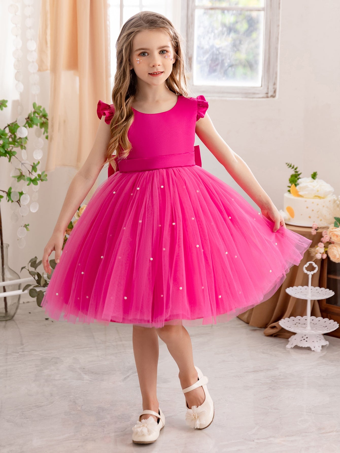 Young Girls' Butterfly Sleeve Mesh Dress With Princess Dress, Suitable For Birthday Party, Dance Party, Casual Wear, Instrumental Concert, Stage Performance